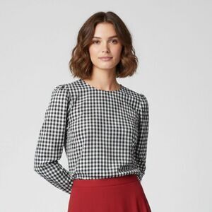 H&M Women's Check Gingham Top Puff Long Sleeve Plaid Blouse Size M